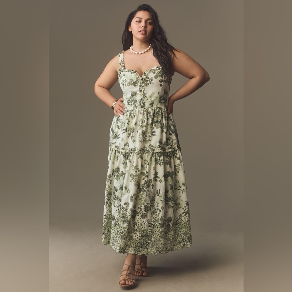 Anthropologie Green Floral Midi Dress